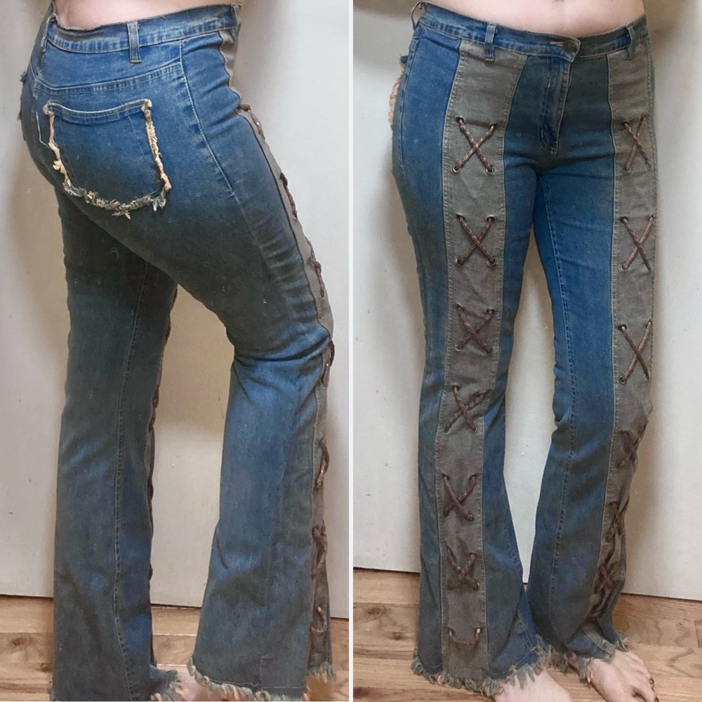 Vtg 90s Y2K Truth Bell Bottom Flare Distressed Raw Lace-up Blue Jeans 12 14